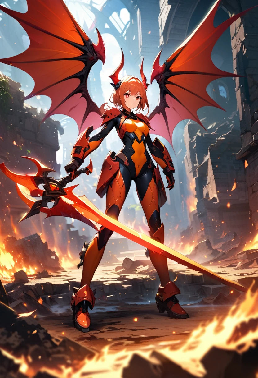 Best quality, best illustration, very detailed CG unified 8k wallpaper, dark fantasy setting, beautiful girl and spider fusion, spike accessories, tight combat suit, red eyes, fiery demon wings, holding flame sword, casting shadows, standing on the ruins, red and orange color palettes, extraordinary power, dynamic lighting, depth of field, best shadows, stable diffusion model, sparkling light