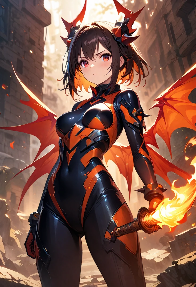 Best quality, best illustration, very detailed CG unified 8k wallpaper, dark fantasy setting, beautiful girl and spider fusion, spike accessories, tight combat suit, red eyes, fiery demon wings, holding flame sword, casting shadows, standing on the ruins, red and orange color palettes, extraordinary power, dynamic lighting, depth of field, best shadows, stable diffusion model, sparkling light