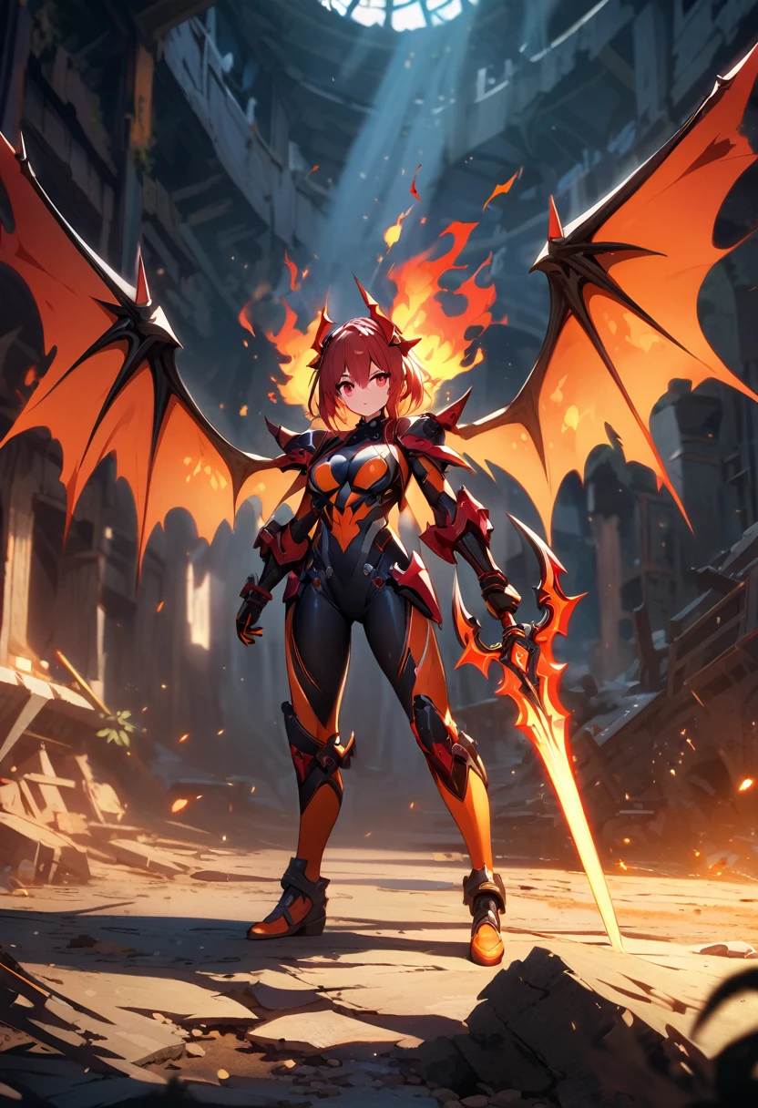Best quality, best illustration, very detailed CG unified 8k wallpaper, dark fantasy setting, beautiful girl and spider fusion, spike accessories, tight combat suit, red eyes, fiery demon wings, holding flame sword, casting shadows, standing on the ruins, red and orange color palettes, extraordinary power, dynamic lighting, depth of field, best shadows, stable diffusion model, sparkling light