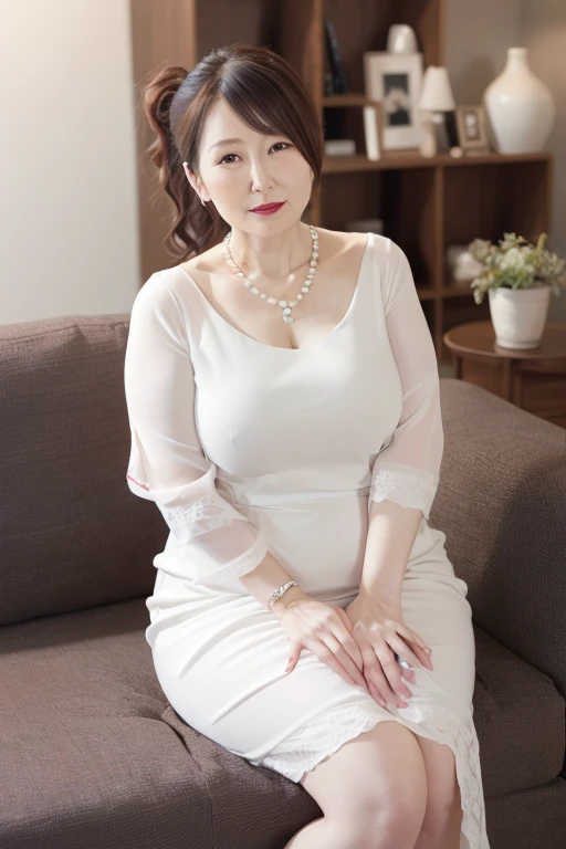 a beautiful elegant mature japanese woman, 55 years old mature lady, slim figure, lady, extremely detailed face, beautiful lips, extremely detailed face, long eyelashes, chubby body type, princess dress, ((full body)), sexy, glamorous, ((low ponytail)), pearl necklace, red lipstick, charismatic, sitting on a sofa