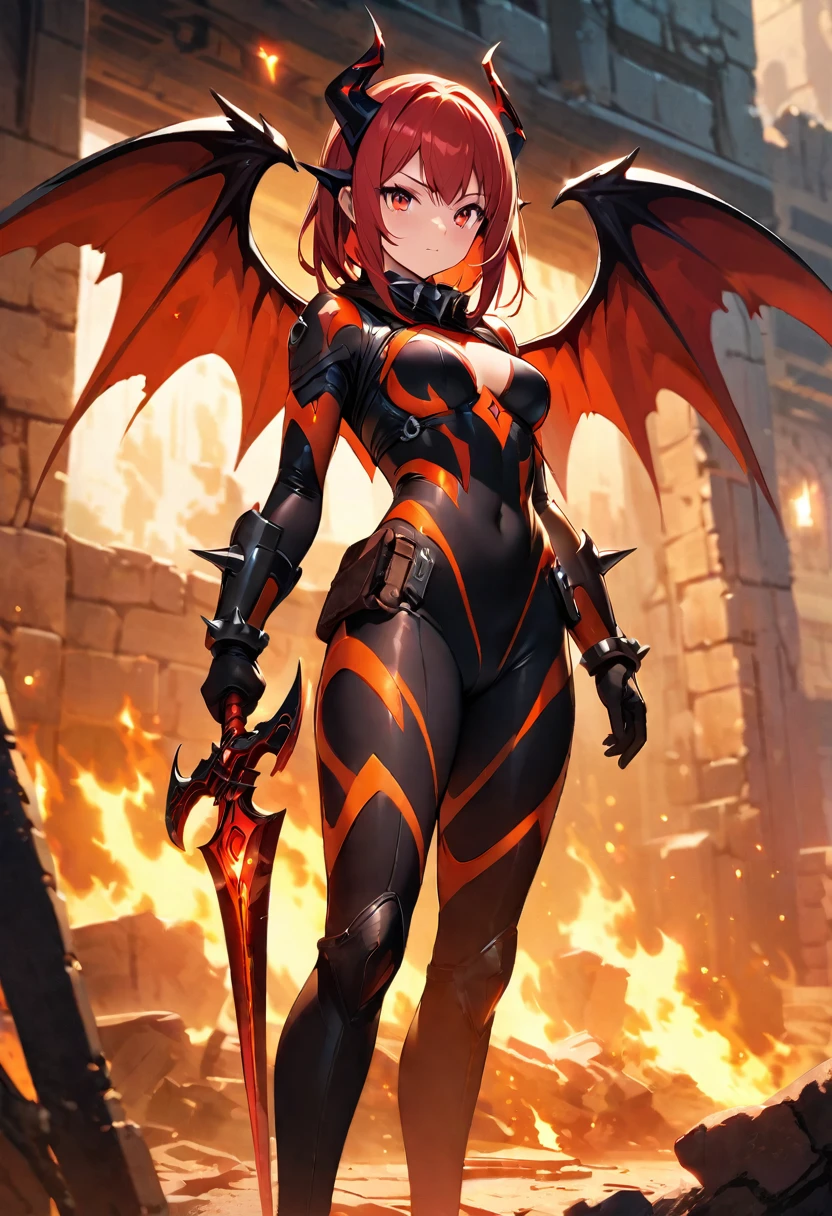 best quality, Best Illustration, Highly detailed CG Unity 8k wallpaper,Dark fantasy setting,Beautiful female demon,,Spiked accessories,Tight combat suit,Red Eyes,Blazing Devil Wings,sharp corners,holding a sword with flames,Cast Shadows,Standing on the ruins,Red and orange palette,otherworldly power,Dynamic Lighting, Depth of Field, The best shadow, stable diffusion model, sparkling