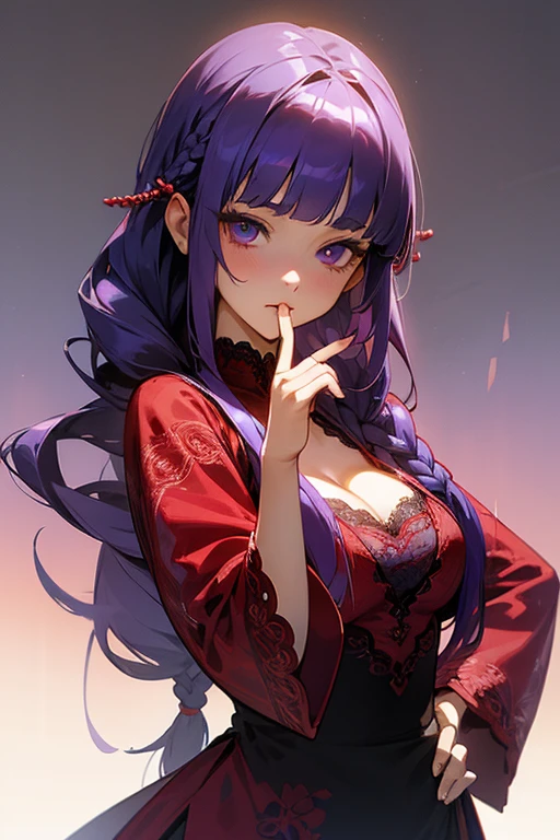 Face close-up、1 girl, Blunt bangs, Braiding, Wide sleeves, hair ornaments,Red and navy lace、(Purple Hair:1.2), Very long hair, Straight hair, Looking at the audience, Highly detailed background, (Realistic:1.2), Beautiful Eyes, Red eyeshadow, Written boundary depth,thigh, (Ulzzang-6500:0.7), Upper Body, (alone:1.2), Cleavage, Shiny skin、Hair blowing in the wind、Four fingers, One thumb、Rose、Floral pattern on clothes、drink alcohol、Keep your hands on your hips、Face close-up、close、Stick your butt out!
