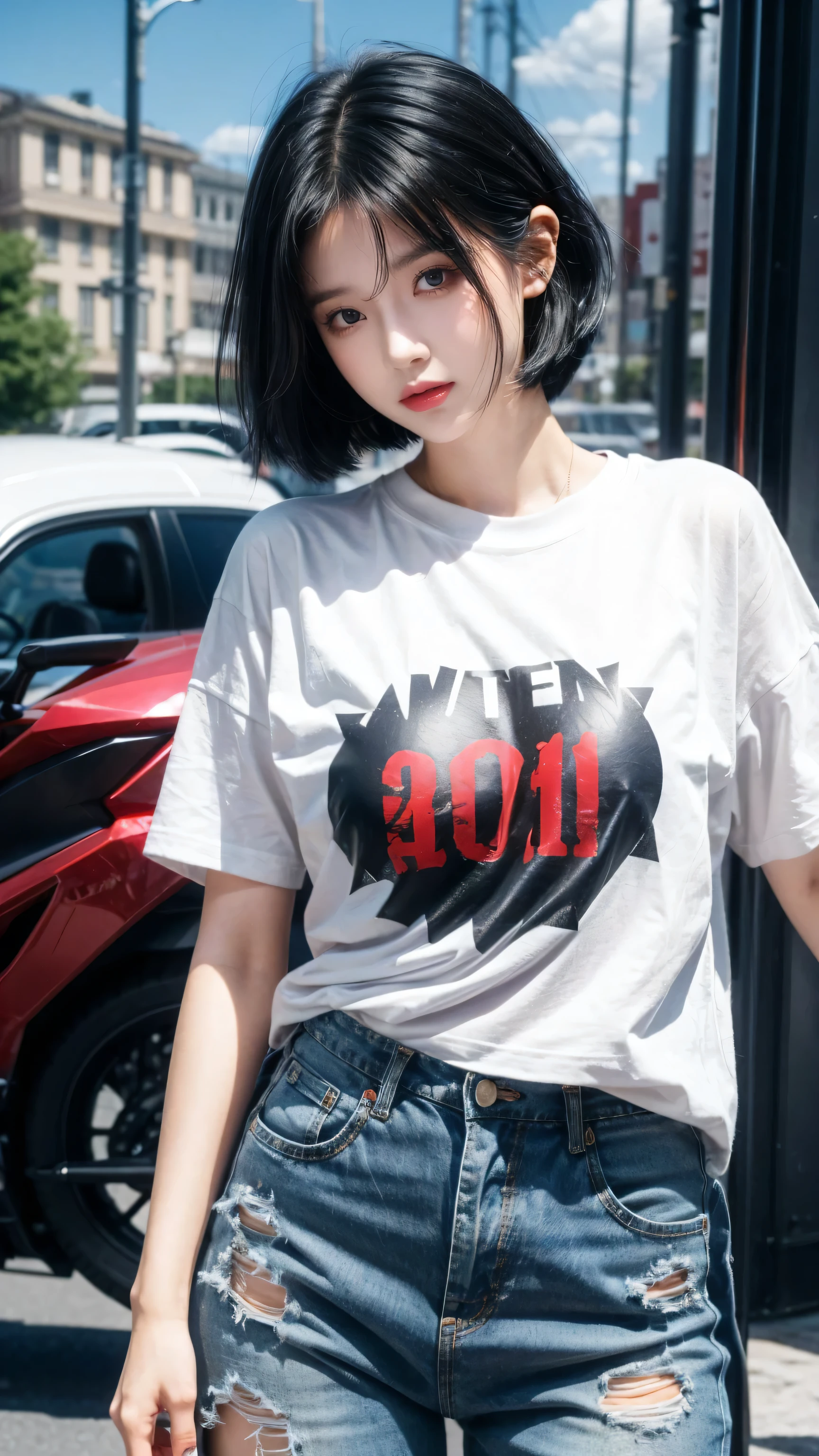 best quality, 1 Girl, dark blue hair, black eyes, Very short hair, Spiky hair, white and red TEXT oversize t-shirt, High waist short jeans, 171 cm, Messy hair, Hair between the eyes, Medium breasts, full, Tomboy, aldult, 20 years old, 1 Girl near red motorcycle