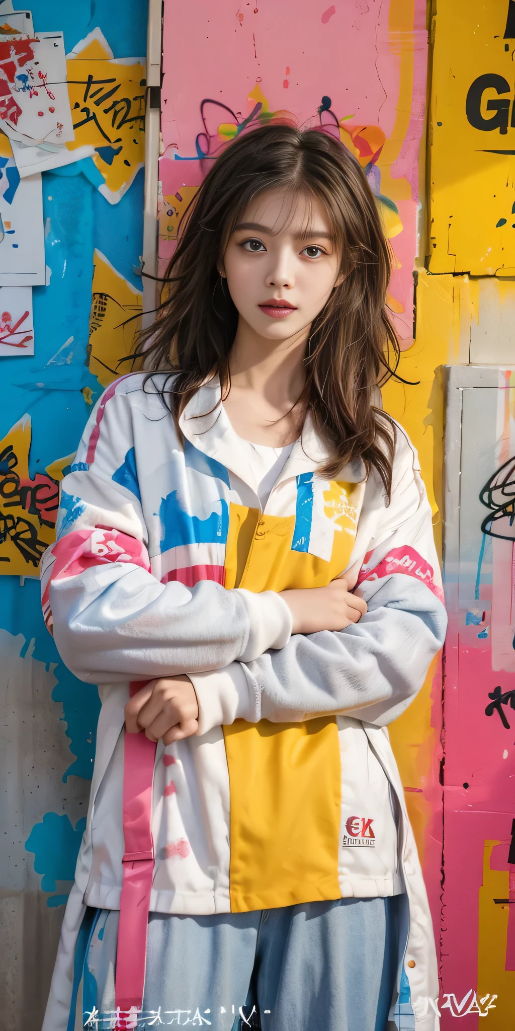 (best quality), masterpiece, extremely detailed CG uniform 8K illustration, high color, extremely high color saturation, all colors deepened, paint, graffiti art, center composition, extremely detailed light and shadow, graffiti wall, wall painted bright, 1 girl graffiti 1 girl looking at the wall, extremely detailed face and eyes, medium length hair, sportswear, colored clouds