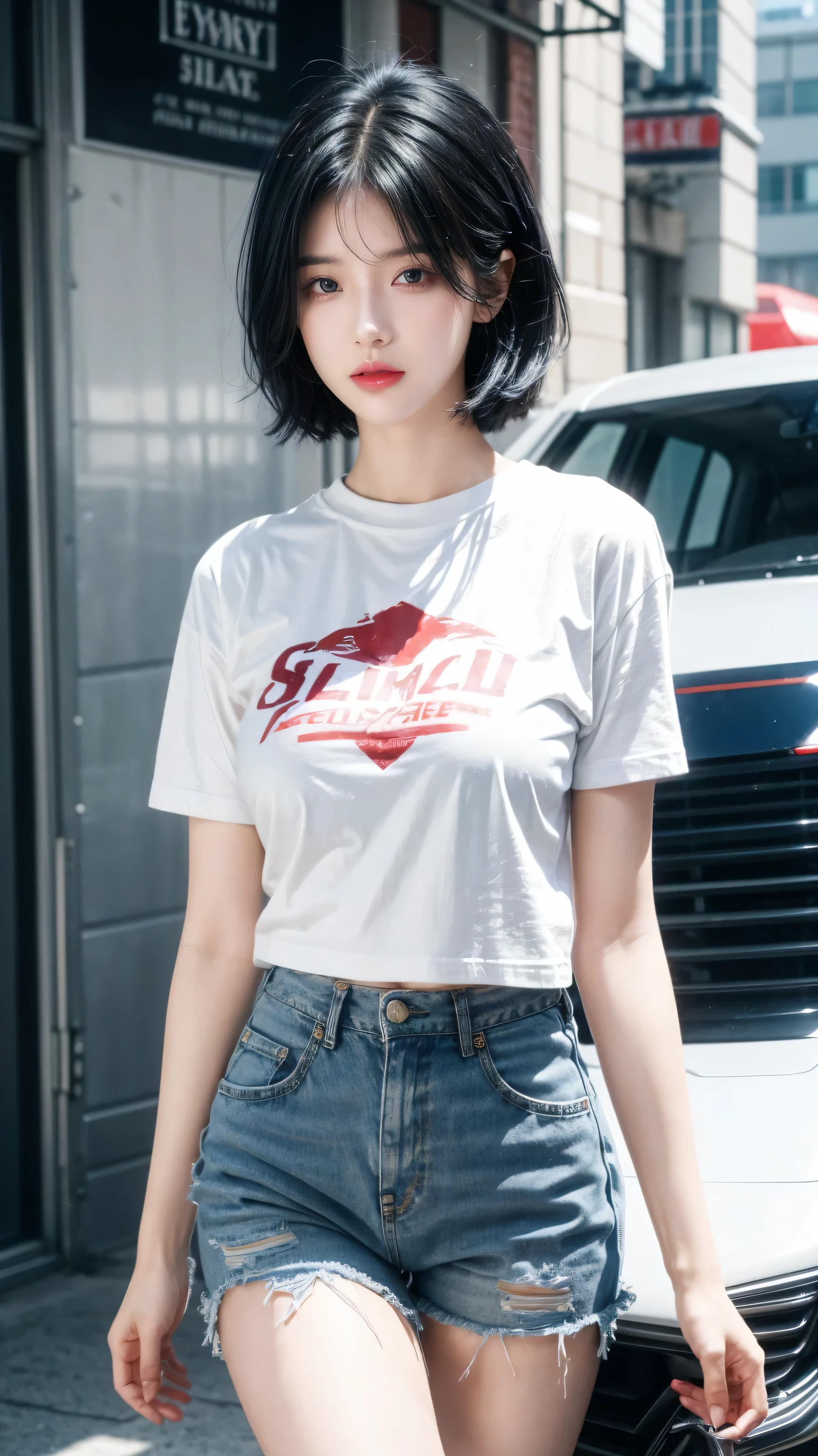 best quality, 1 Girl, dark blue hair, black eyes, Very short hair, Spiky hair, white and red TEXT oversize t-shirt, High waist short jeans, 171 cm, Messy hair, Hair between the eyes, , full, Tomboy, aldult, 20 years old, 1 Girl near red motorcycle