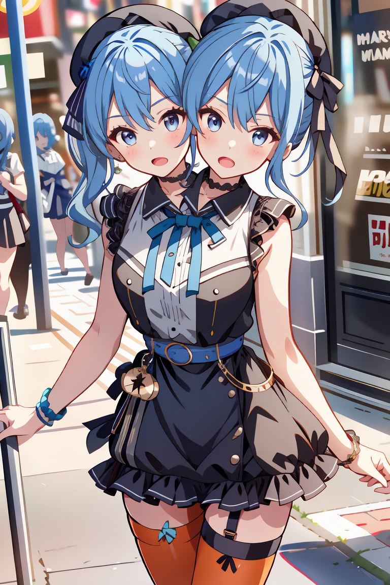 (masterpiece, best quality), best resolution, 16k, (2heads:1.5), close-up, 1girl, solo, HoshimachiSuisei, side ponytail, blue hair ribbon, SuiseiStreet, long hair, half updo, black beret, black dress, collared dress, sleeveless, bow earrings, lace choker, neck ribbon, black belt, orange pantyhose, o-ring thigh strap, single garter strap, hand holding a wallet, looking around, surprised, frustrating, walking, open mouth, city, Shopping Street, morning
