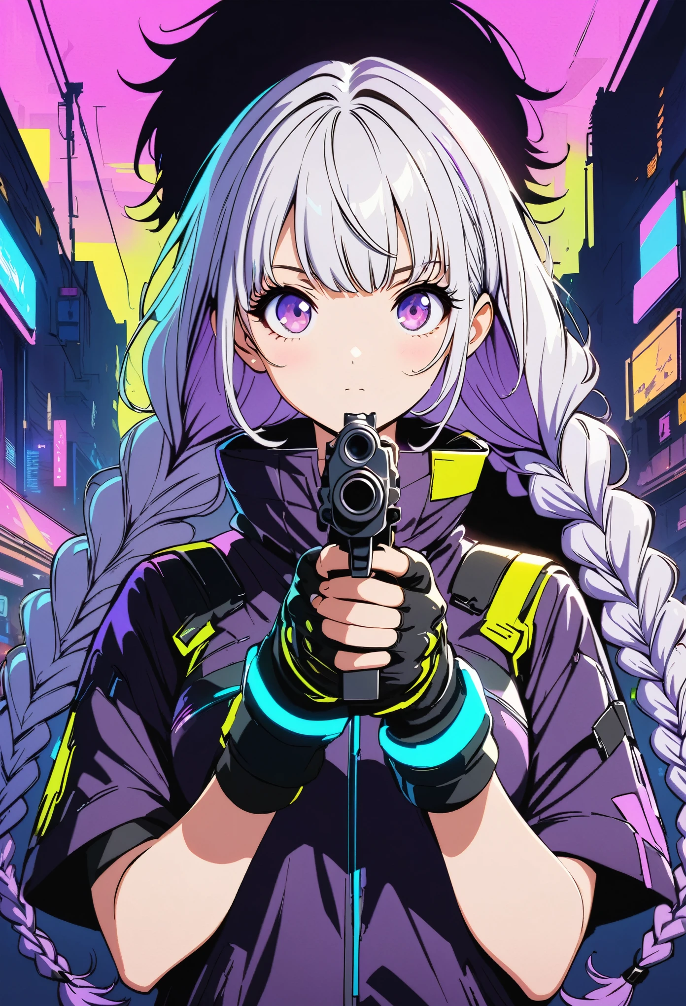 Vector illustration，A young couple，Purple Eyes，girl，Purple Eyes，White hair-purple-long-braids。Hold a gun in both hands，aim,  Anime art style with strong contrast between light and shadow, Neon tones, and fluorescent colors. cyberpunk characters, 32k, 