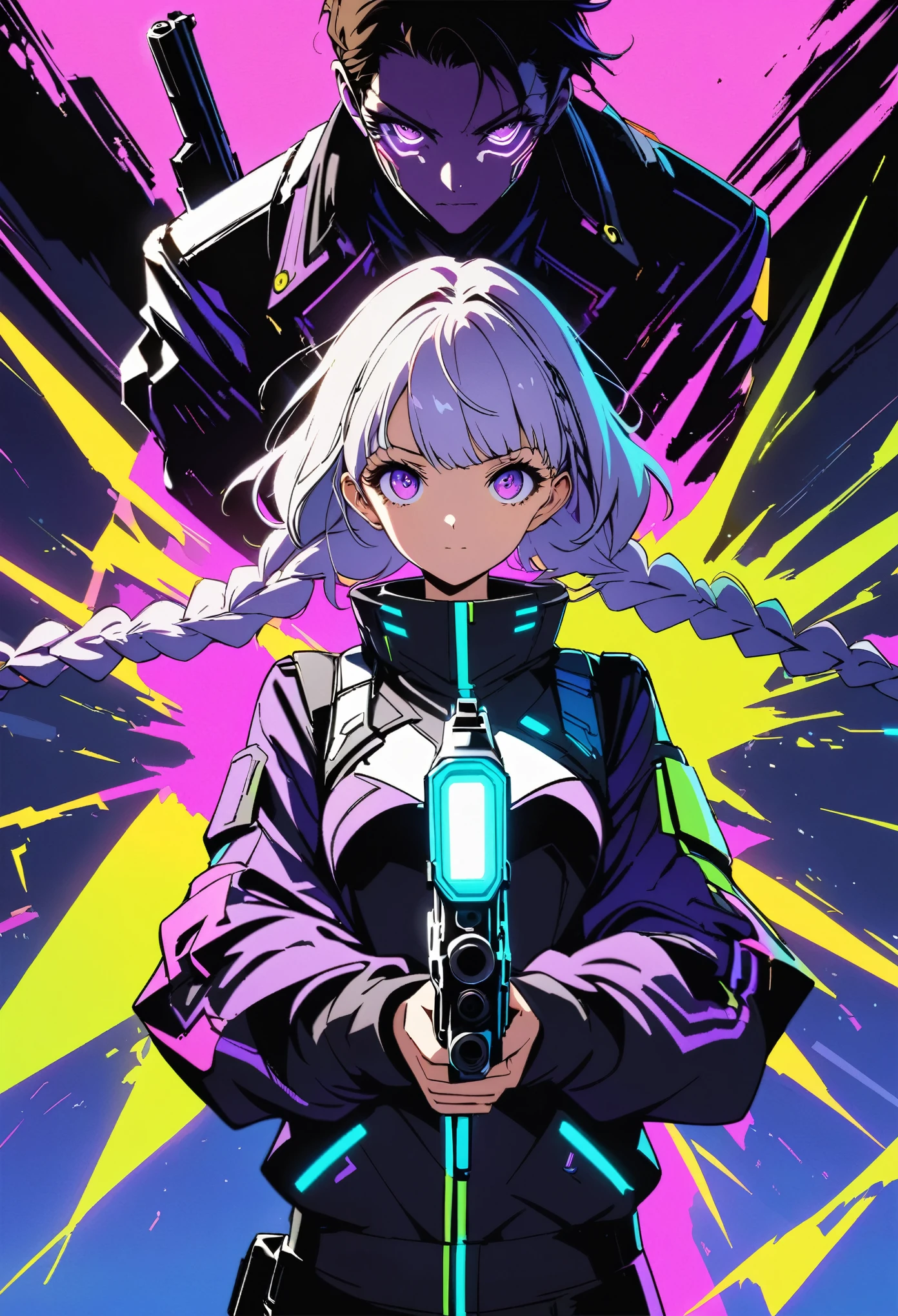 Vector illustration，A young couple，Purple Eyes，girl，Purple Eyes，White hair-purple-long-braids。Hold a gun in both hands，aim,  Anime art style with strong contrast between light and shadow, Neon tones, and fluorescent colors. cyberpunk characters, 32k, 