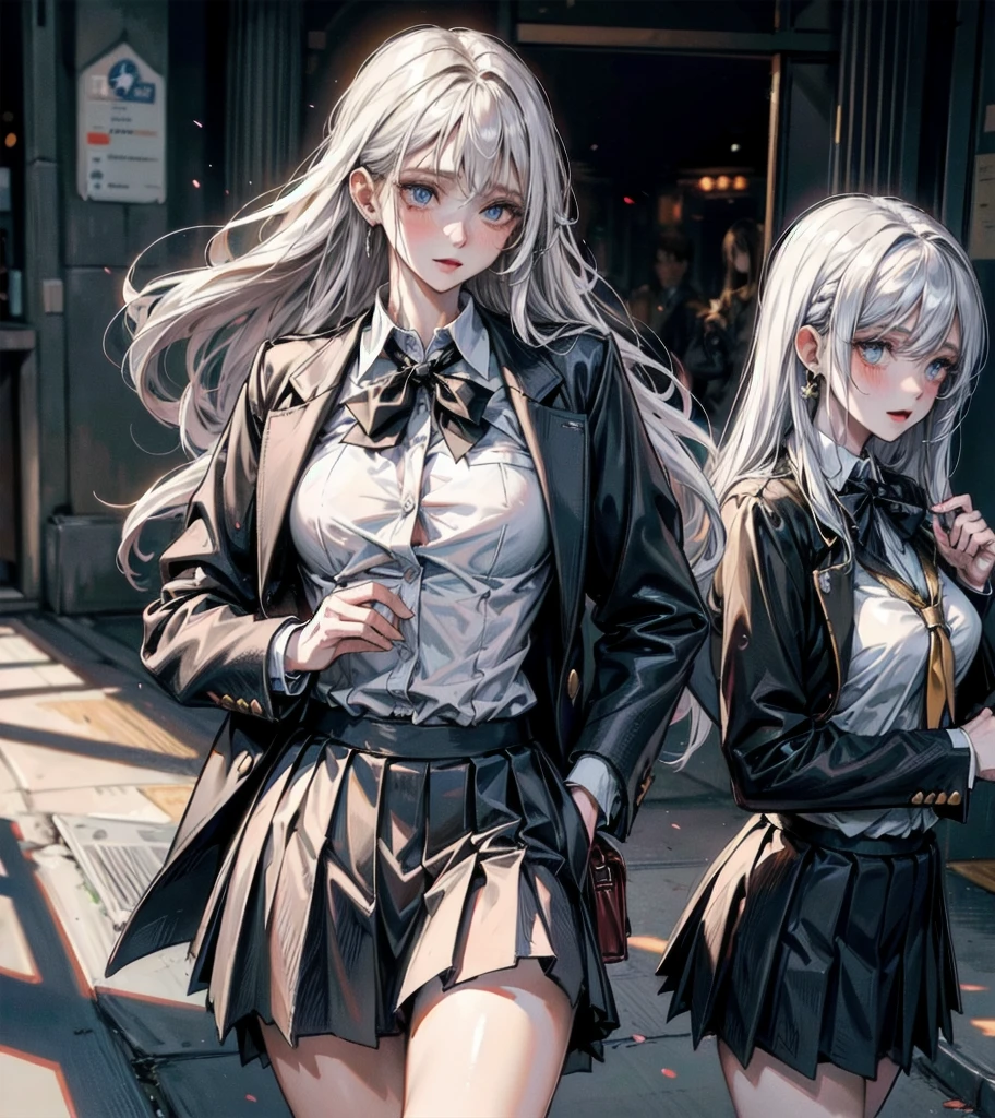 (((yuri))), (((2 girls))), ((school uniform)), blazer, skirt, absurdres, RAW photo, extremely delicate and beautiful, masterpiece, Best Quality, ultra high resolution, 32k, hyperrealistic, ultra-detailed, detailed description, perfect anatomy, pale skin, 20 years old, detailed beautiful face and eyes, tearful mole, earring, random hair style, random colored hair, whole body shot, colossal tits,