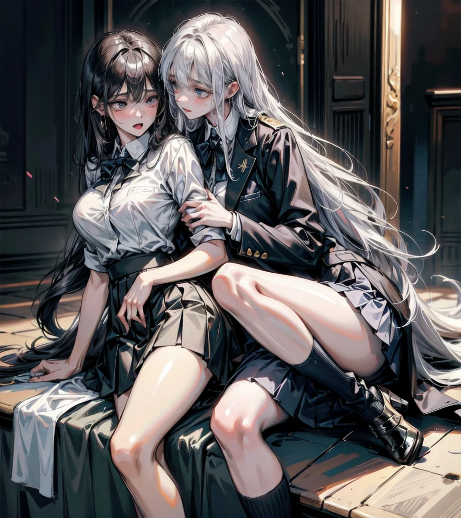 (((yuri))), (((2 girls))), ((school uniform)), blazer, skirt, absurdres, RAW photo, extremely delicate and beautiful, masterpiece, Best Quality, ultra high resolution, 32k, hyperrealistic, ultra-detailed, detailed description, perfect anatomy, pale skin, 20 years old, detailed beautiful face and eyes, tearful mole, earring, random hair style, random colored hair, whole body shot, colossal tits,