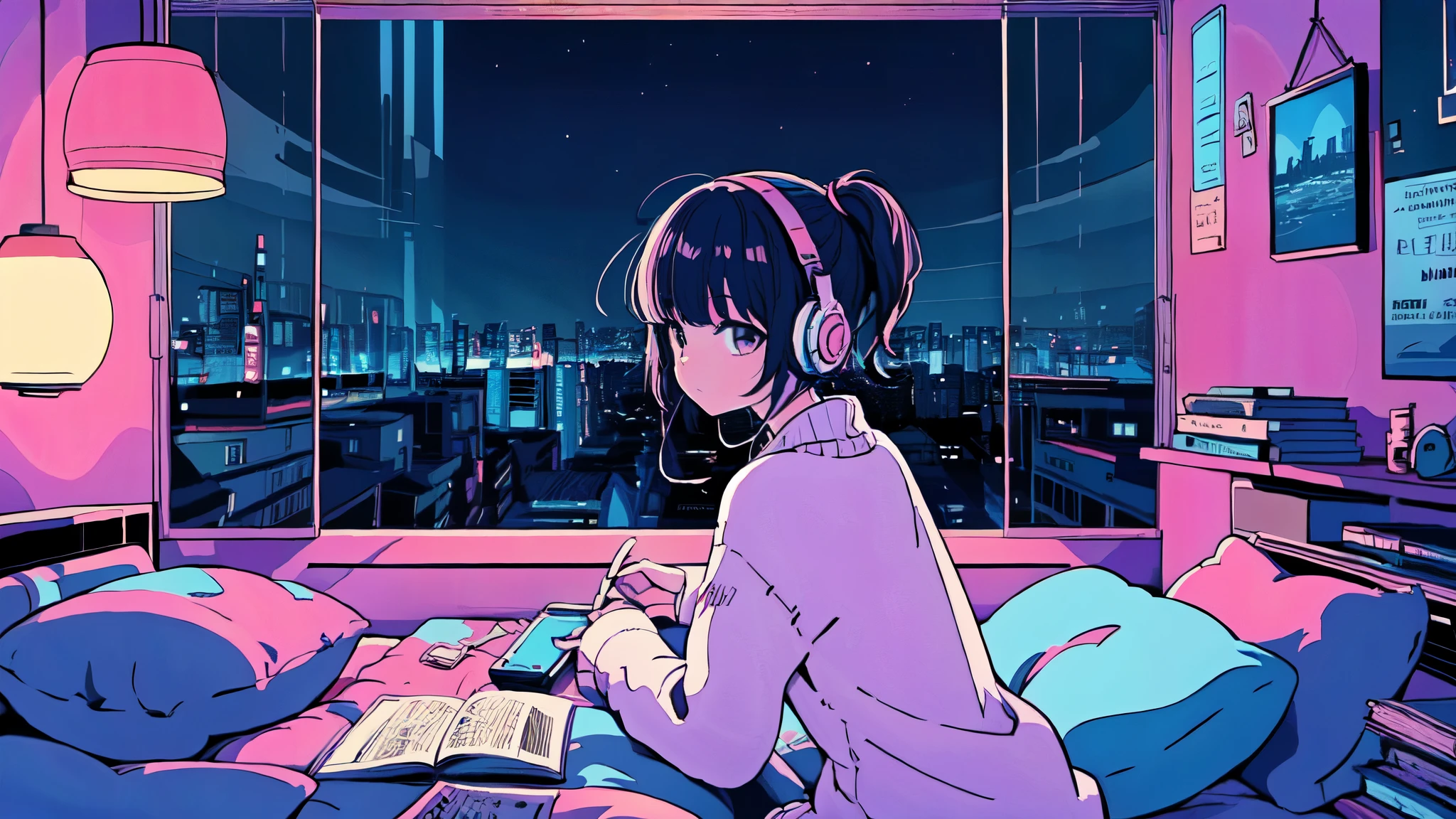 Ultra wide angle, (from behind), Girl listening to music with headphones on bed, anime girl, Girl listening to music in a cozy room (night), Using headphones, on the roof, (beautiful night views from windows), Lots of things, 2D anime style, The aesthetics of anime in the 90s, lo-fi, very detailed, hard disk, A mix of anime style and Fujifilm, surreal, 8K, masterpiece