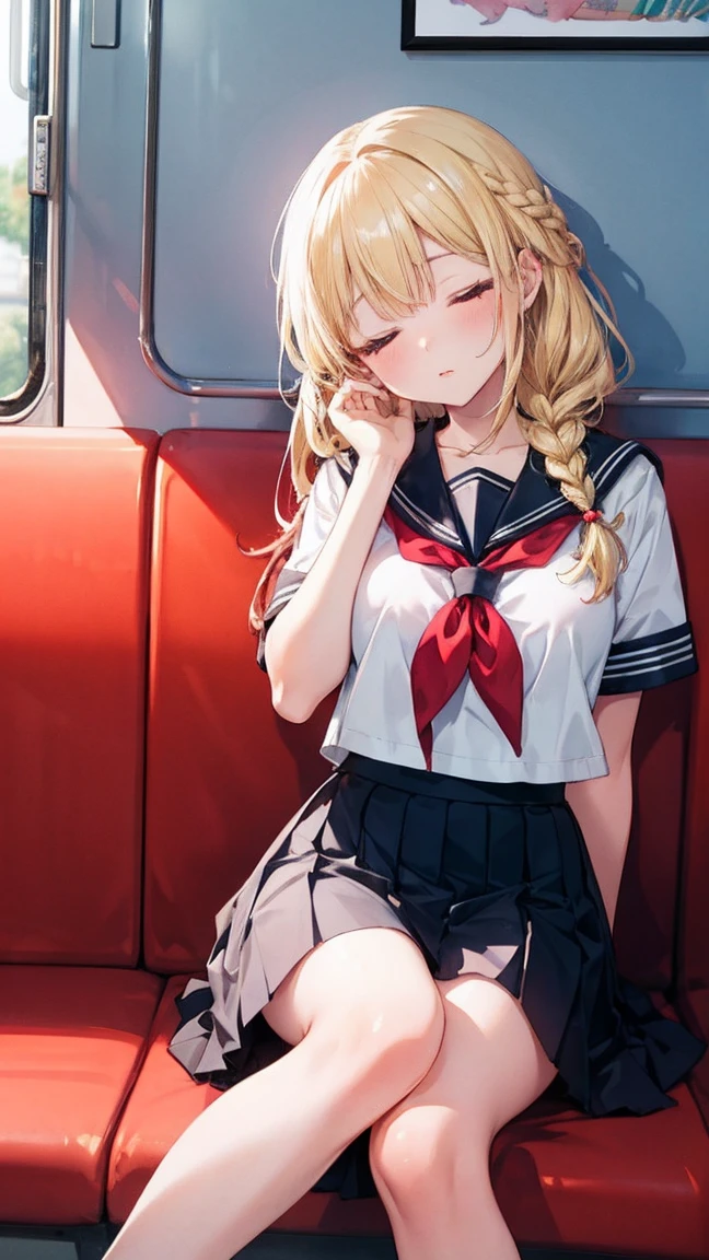 masterpiece, best quality,
ultra detailed, soft pastel tones, watercolor, bright color, transparent, gradation, harmonious and calm atmosphere,halation,
1 girl, blonde long hair, dutch braid hair, sleeping, in train, (head tilt:1.1), (spread legs:0.4),
, white serafuku, black pleated skirt, from front,