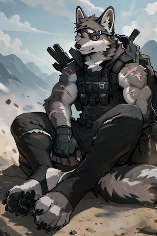 close up view, 
furry,anthro,
male grey wolf, fluffy wolf ears, fluffy wolf tail, grey and white fur, light blue eyes, sharp teeth, pawpads, black pawpads, 
handsome, slim, well-built, lots of scars covering body, 
wearing a black eye patch over his right eye, black jacket with a tactical vest, black baggy tactical pants, black fingerless gloves and black stirrup socks, tactical boots placed next to him, 
sitting in a military camp on a cloudy, day, war-torn landscape in background, 