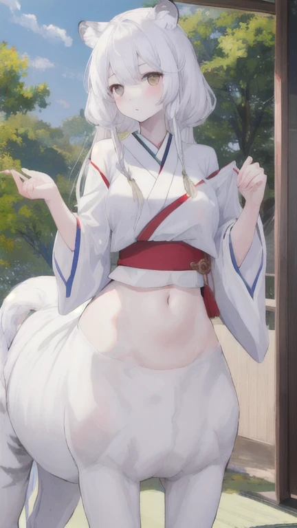 (best quality, masterpiece), 1 girl, centaur, It takes, White skin, Japanese , exposing the abdomen,belly button t-shirt, 아름다운 소녀 perfect white tiger photo, perfect white tiger photo