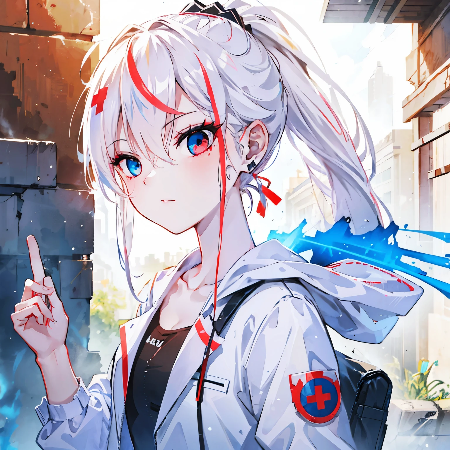 1 girl, Ultra-detailed, best quality, post apocalypse background, white hair, ponytail, red eye x blue eye,shadow, Hospital, abandoned hospital, research institute