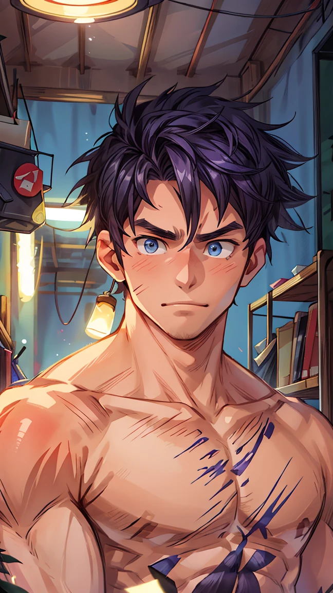 (masterpiece,best quality,H),1 person,nude男孩,Very shy,My face turned red,Shy,muscular,Delicateeyes,nude,(nude),blue eyes,Shirtless,upper body body,Blue purple short hair,(fluorescent lamp),(a color),((Blue Background))