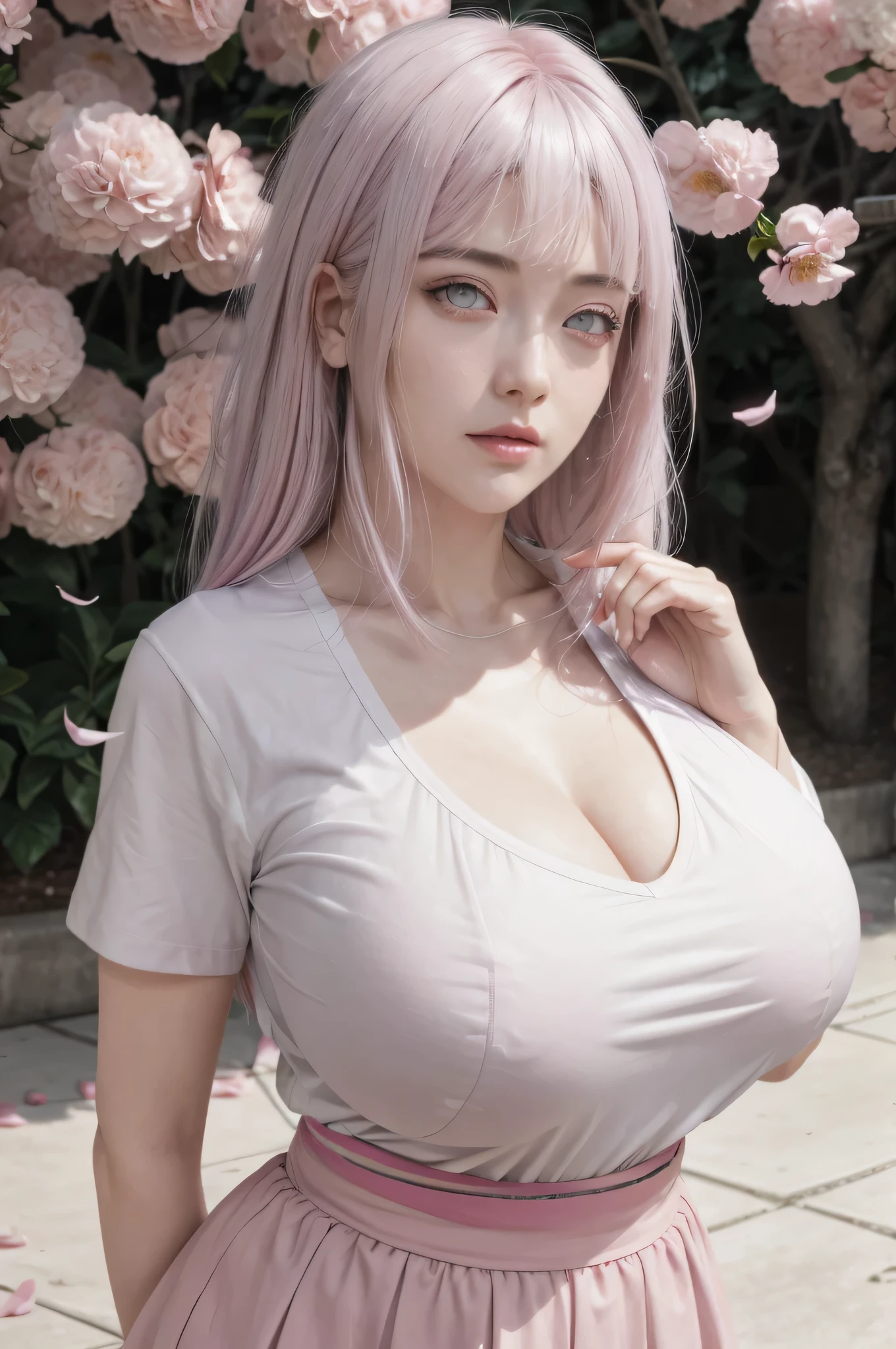 masterpiece, absurdres, hinata\(boruto\), 1girl, solo,mature female, tshirt v neck, high waist mini skirt, looking at viewer, (falling petals), perfect composition, detailed lips, (big breast : 1.5), beautiful face, body propotion, blush, (pink lips), ((white hair)), long hair,  white eyes,  soft gaze,  super realistic, detailed, photoshoot, realistic face and body, cleavage, white shirt