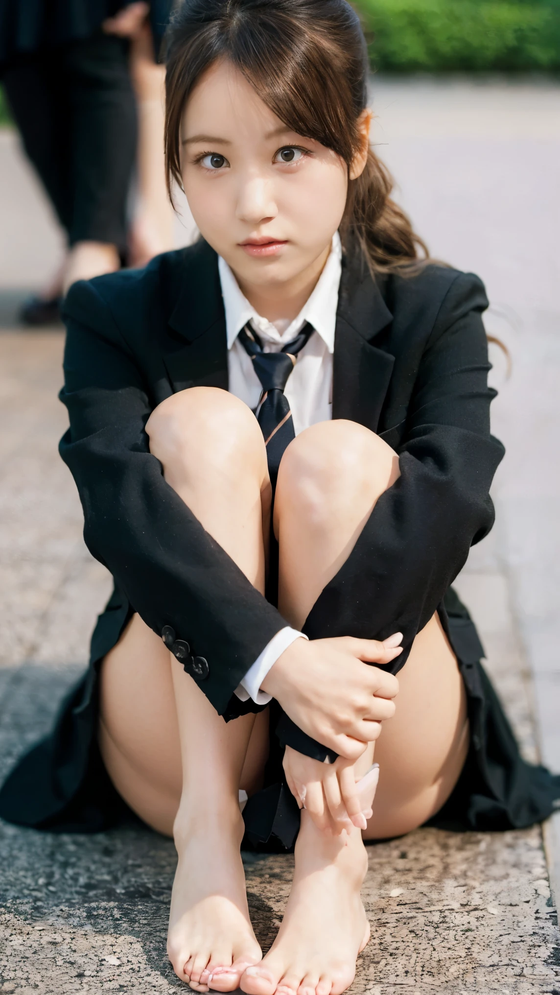 Low - Angle、Change of clothes、Looking down、Embarrassed look,She begins to remove her black pantyhose,Spread your legs:1.1,Raise your skirt yourself:1.55,highest quality,Very detailed,masterpiece,Realistic,Realistic,School,blazer,uniform,((Are standing、Spread your legs:1.22,barefoot)),