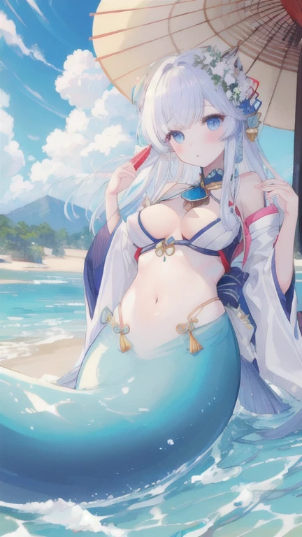 (best quality, masterpiece), 1 girl, Mermaid, It takes, White skin, Japanese ,navel, 아름다운 소녀 perfect summer photo, perfect summer photo