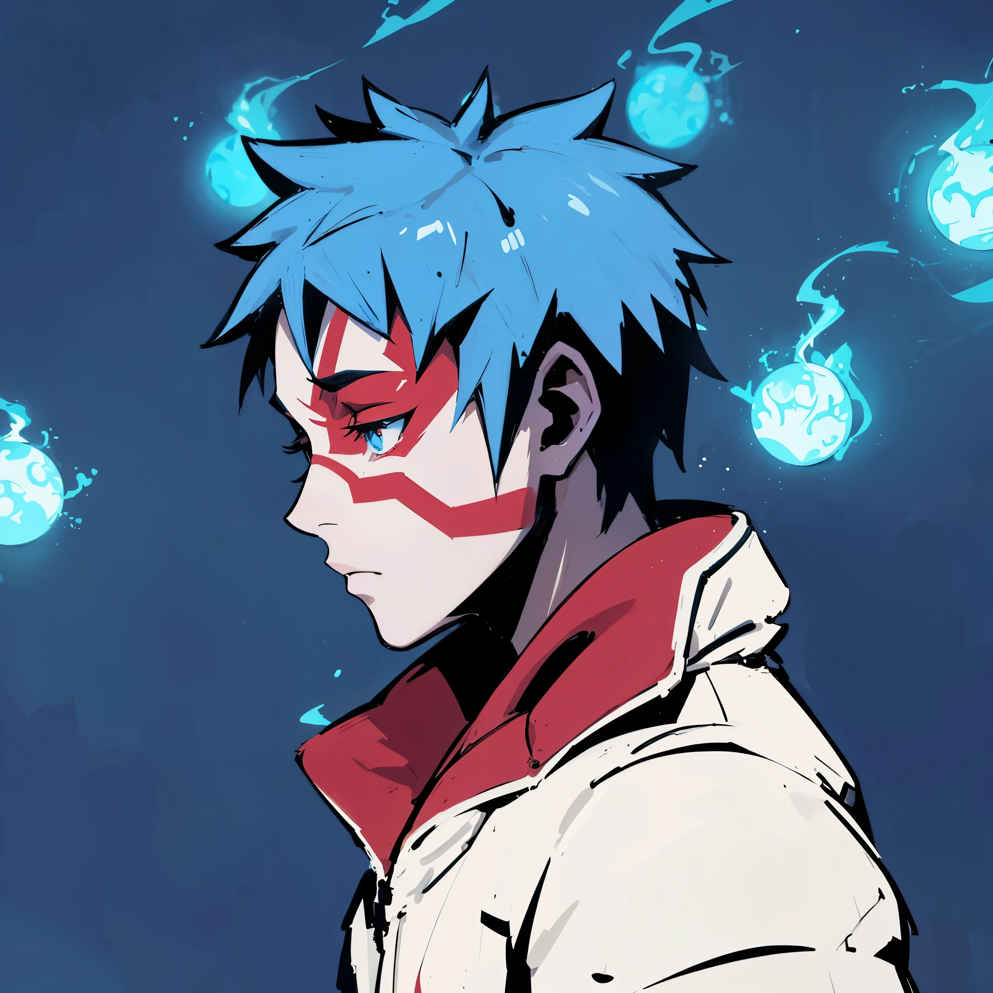 Anime style, detailed digital illustration of a young character with blue spiky hair, red and white tribal face paint, and a white and red jacket, standing with a slumped posture, looking sad with a solemn expression, surrounded by glowing blue orbs of fire in a dark, mystical forest background, highly detailed, trending on ArtStation, cinematic composition, cartoon
