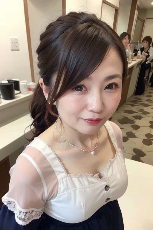 Beautiful and elegant mature Japanese woman, 55 years old mature Lady, Slim figure, Lady, Highly detailed face, Beautiful Lips, Highly detailed face, Long eyelashes, Chubby body type, Lolita Dress, ((whole body)), sexy, glamorous, ((Low Ponytail)), Pearl Necklace, Red lipstick, Charismatic, maid Cafe