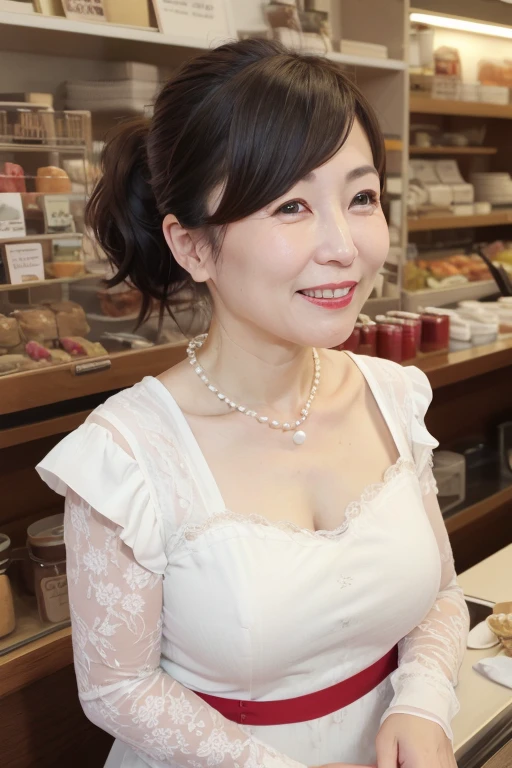Beautiful and elegant mature Japanese woman, 55 years old mature Lady, Slim figure, Lady, Highly detailed face, Beautiful Lips, Highly detailed face, Long eyelashes, Chubby body type, Lolita Dress, ((whole body)), sexy, glamorous, ((Low Ponytail)), Pearl Necklace, Red lipstick, Charismatic, maid Cafe