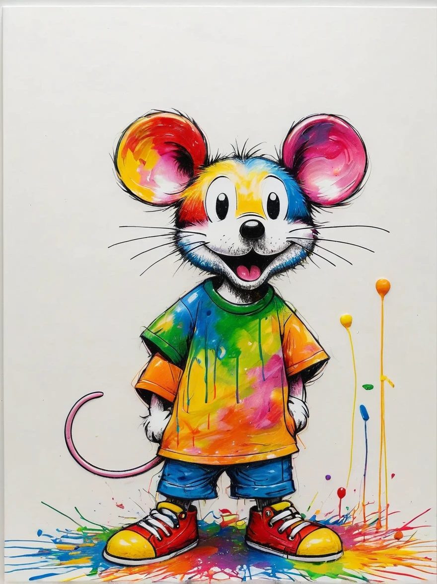 Drawing by Takashi Murakami and Peter 5  scribble drawing of Mouse, messy, crayons on white construction paper, not good, full body drawiing, unfinished, 4K, octane render