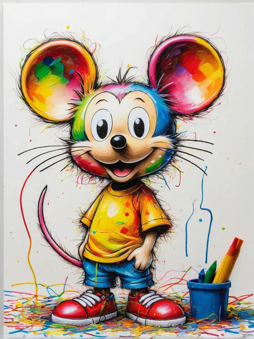 Drawing by Takashi Murakami and Peter 5  scribble drawing of Mouse, messy, crayons on white construction paper, not good, full body drawiing, unfinished, 4K, octane render