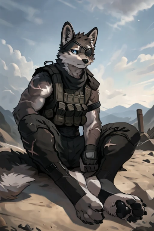 close up view, 
furry,anthro,
male grey wolf, fluffy wolf ears, fluffy wolf tail, grey and white fur, light blue eyes, sharp teeth, pawpads, black pawpads, 
handsome, slim, well-built, lots of scars covering body, 
wearing a black eye patch over his right eye, black jacket with a tactical vest, black baggy tactical pants, black fingerless gloves and black stirrup socks,
sitting next to his tactical boots in a military camp on a cloudy, day, war-torn landscape in background, 