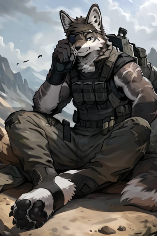 close up view, 
furry,anthro,
male grey wolf, fluffy wolf ears, fluffy wolf tail, grey and white fur, light blue eyes, sharp teeth, pawpads, black pawpads, 
handsome, slim, well-built, lots of scars covering body, 
wearing a black eye patch over his right eye, black jacket with a tactical vest, black baggy tactical pants, black fingerless gloves and black stirrup socks,
sitting next to his tactical boots in a military camp on a cloudy, day, war-torn landscape in background, 