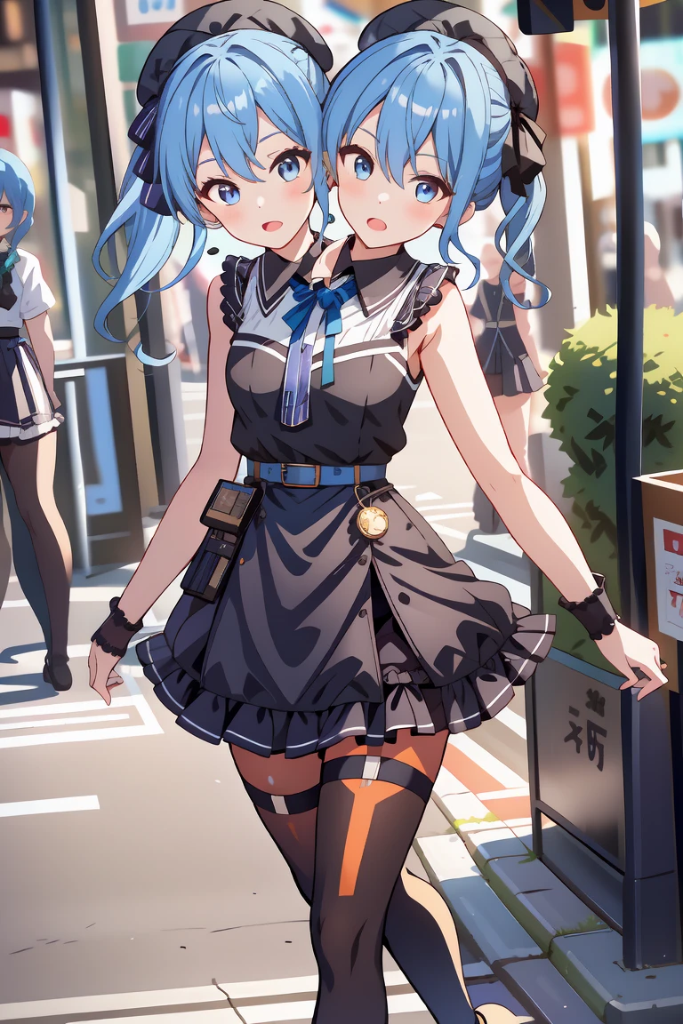 (masterpiece, best quality), best resolution, 16k, (2heads:1.5), close-up, 1girl, solo, HoshimachiSuisei, side ponytail, blue hair ribbon, SuiseiStreet, long hair, half updo, black beret, black dress, collared dress, sleeveless, bow earrings, lace choker, neck ribbon, black belt, orange pantyhose, o-ring thigh strap, single garter strap, ((hand holding a wallet)), ((look around, look left)), surprised, frustrating, walking, open mouth, city, Shopping Street, morning