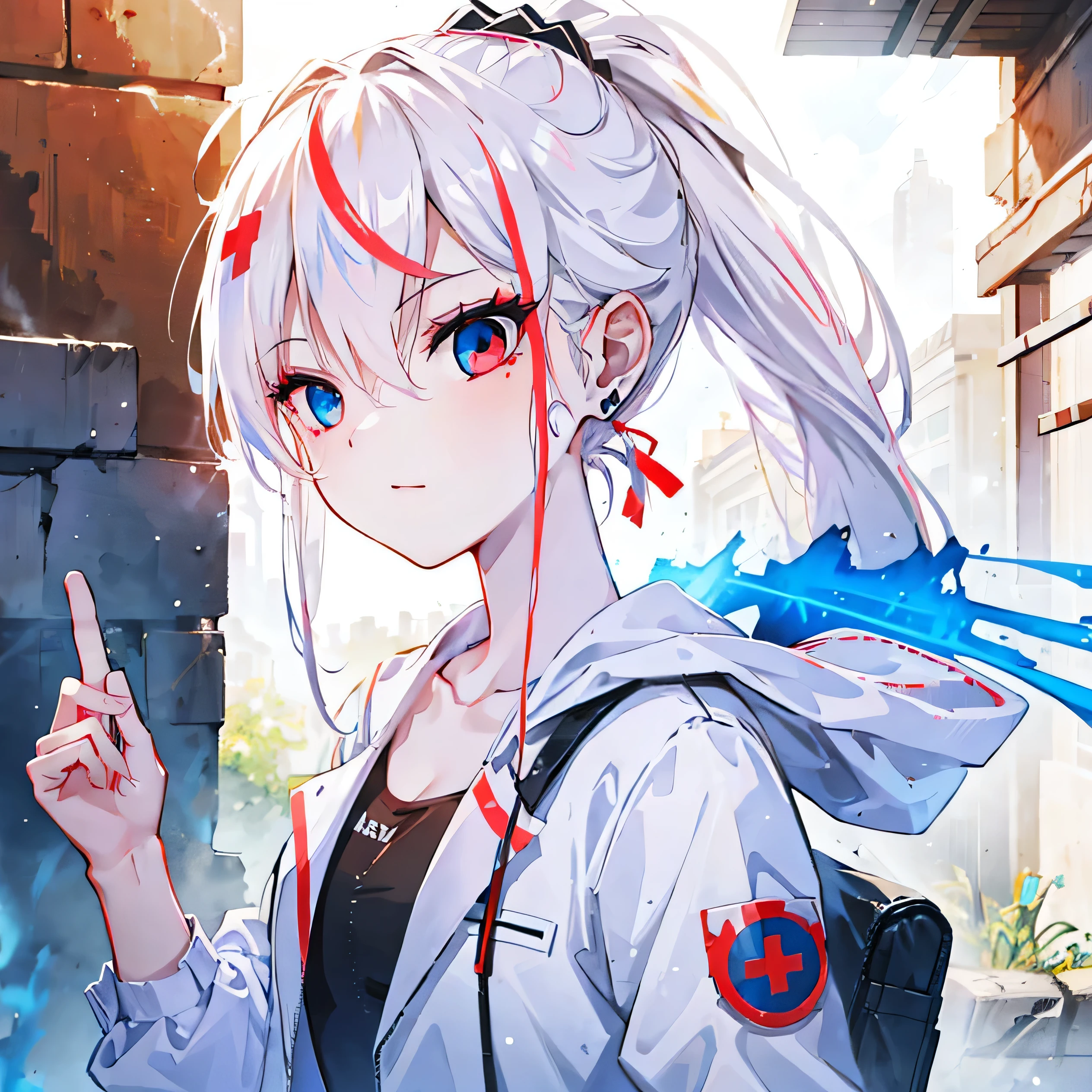 1 girl, Ultra-detailed, best quality, post apocalypse background, white hair, ponytail, red eye x blue eye,shadow, Hospital, abandoned hospital, research institute