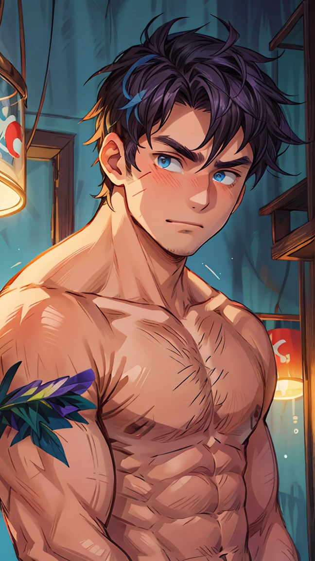 (masterpiece,best quality,H),1 person,nude男孩,Very shy,My face turned red,Shy,muscular,Delicateeyes,nude,(nude),blue eyes,Shirtless,upper body body,Blue purple short hair,(fluorescent lamp),(a color),((Blue Background))