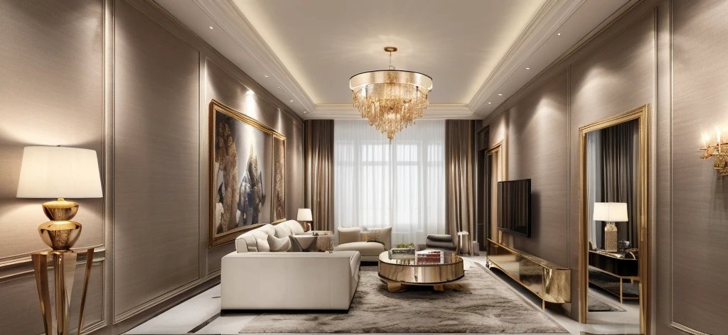 Raw photo,Masterpiece, high quality, best quality, authentic, super detail, luxury living room interior, luxurious tyle, neutral light color tone, (realistic:1.2), 