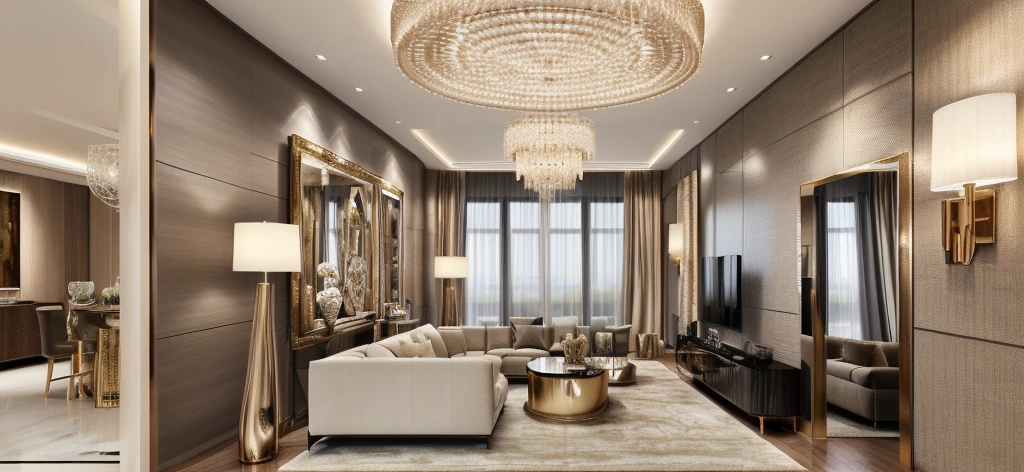 Raw photo,Masterpiece, high quality, best quality, authentic, super detail, luxury living room interior, luxurious tyle, neutral light color tone, (realistic:1.2), 