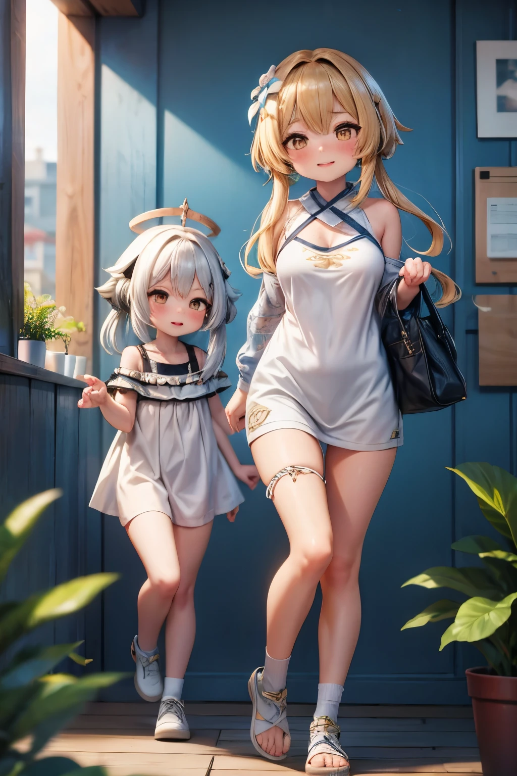 fullnude、Girls in a courtyard, cute bow, (pubic hair), shy small smile, (FLATCHESTED:1.3)、flat chest, superflat chest, (one embarrassed girl naked: 1.3), (fully clothed girl holding naked girl:1.3), one embarrassed girl naked and second girl in sundress, zero breast size, blunt bangs, red-haired girl with two long braids and the second girl is blonde with two ponytails, Shiny hair, Delicate beautiful face, White skin, Beautiful cloud, Dusk sky, rural girl, sundress