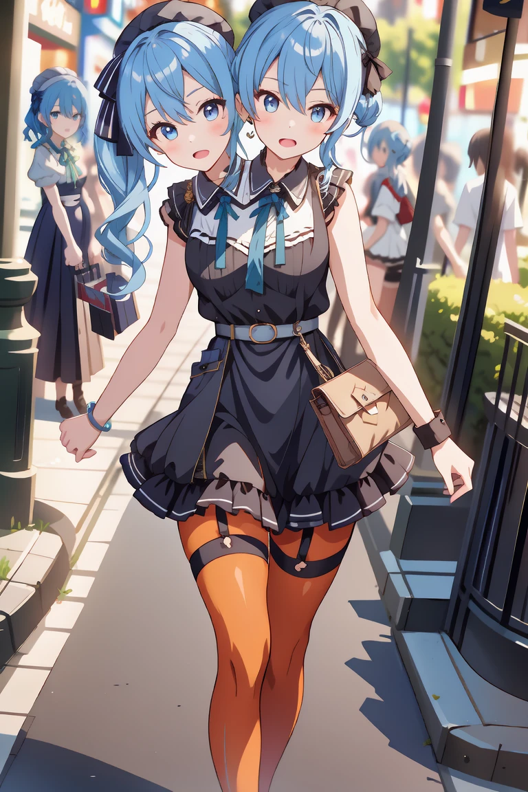 (masterpiece, best quality), best resolution, 16k, (2heads:1.5), close-up, 1girl, solo, HoshimachiSuisei, side ponytail, blue hair ribbon, SuiseiStreet, long hair, half updo, black beret, black dress, collared dress, sleeveless, bow earrings, lace choker, neck ribbon, black belt, orange pantyhose, o-ring thigh strap, single garter strap, ((hand holding a wallet)), ((look around, look left)), (looking at viewer: -1), surprised, frustrating, walking, open mouth, city, Shopping Street, morning