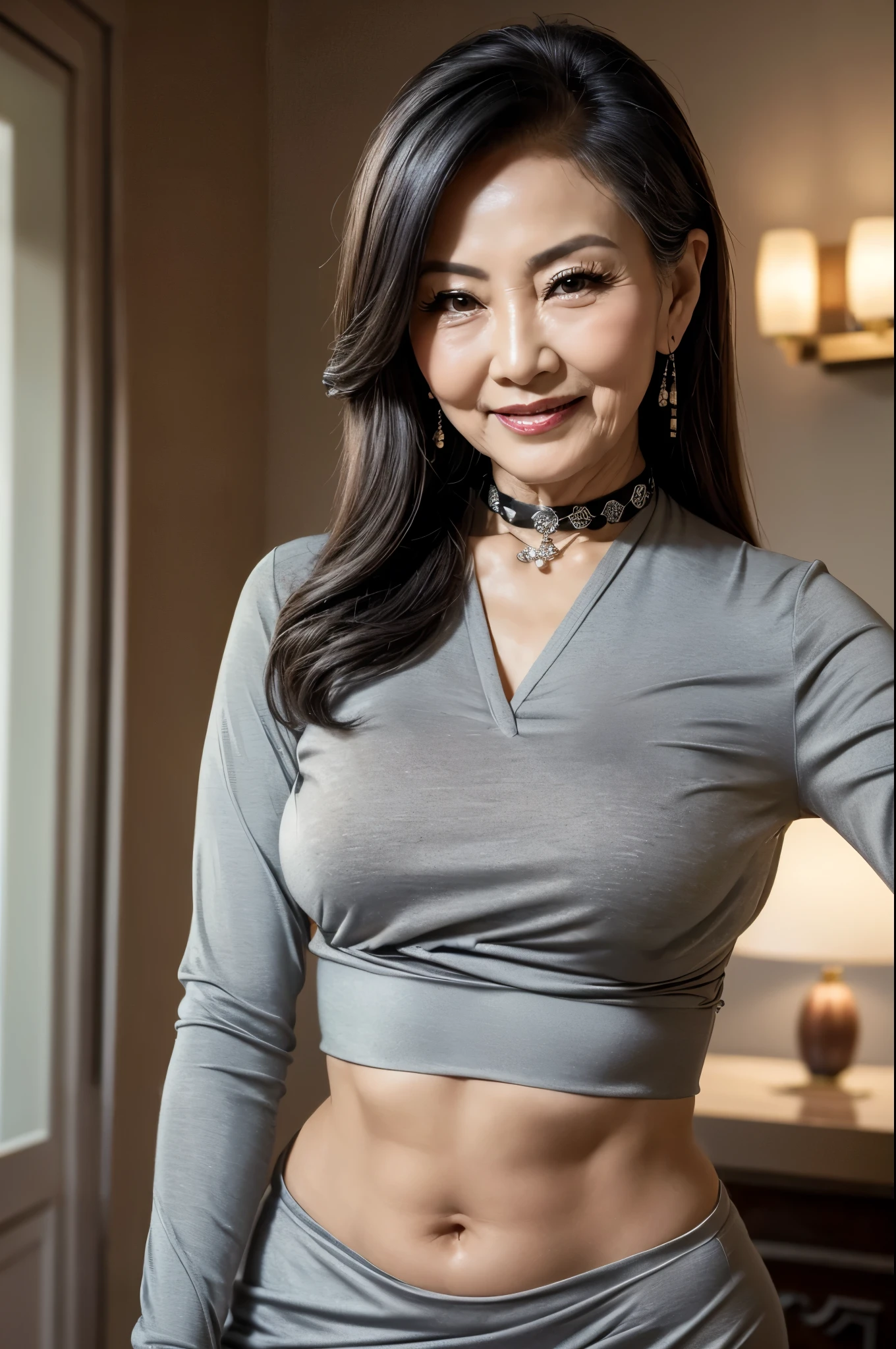75 years old　Mom　MILF　Chinese Lady　large earring　Big choker　navel piercing decoration　A bracelet　Silver Hair　realisitic　Gorgeous Madame Beautiful Mature Woman　sexy　Smile　Gentle woman navel piercing　４K　High quality kitchen　breakfast　Gorgeous Madame Beautiful Mature Woman