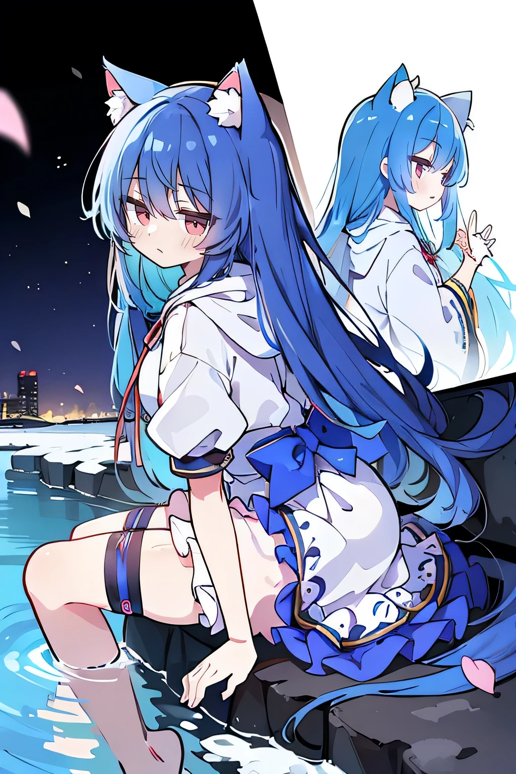 (masterpiece:1.2),Super detailed,lifelike,Expressive eyes,fair skin,perfect face shape,1 girl,
Japanese comics,Gorgeous blue hair,flowing blue hair,flowing clothes,Cat ears,Petals fall,beautiful lola,Baby Angel,
Shaking head with one hand,Cross your legs,Gentle and peaceful background,The pavilion is cool and comfortable,smile, wearing hoodie, background of tokyo,back views,snowing, winter,lie on the water.