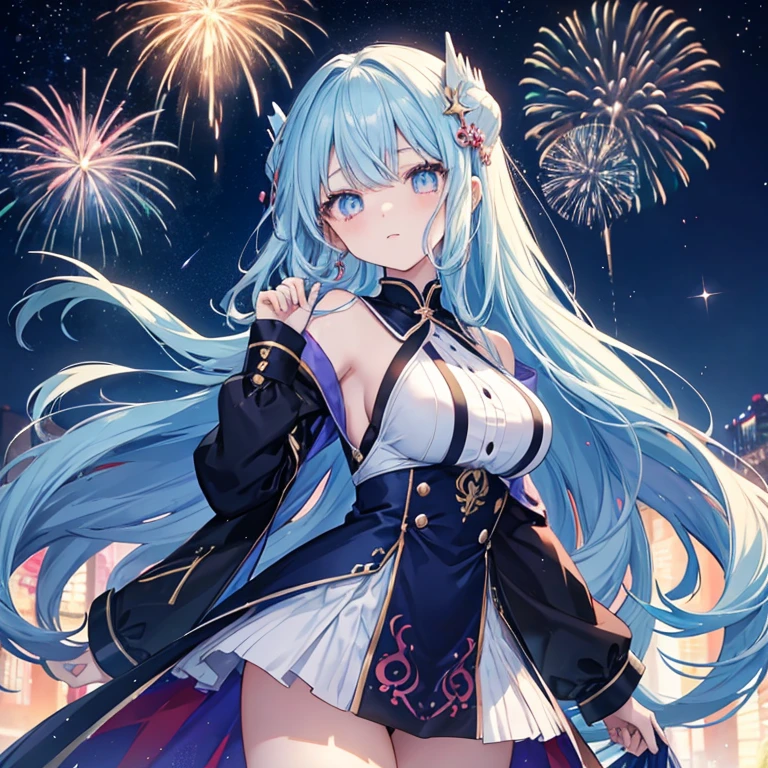 anime、Vibrant colors、Cool Beauty、Moon Goddess、、Long Hair、Straight hair、Narrow eyes、Slanted Eyes、Bright Eyes、Sharp eyes、Sparkling eyes、Big Breasts、night、Starry Sky、100 fireworks burst into the sky