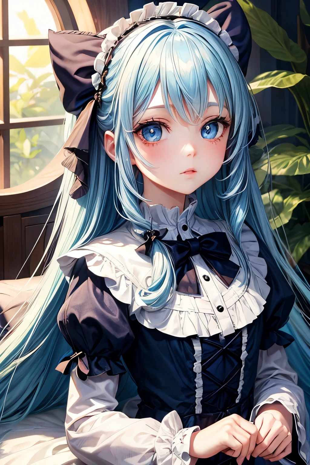 Long blue hair, blue eyes, lolita, little girl, dress