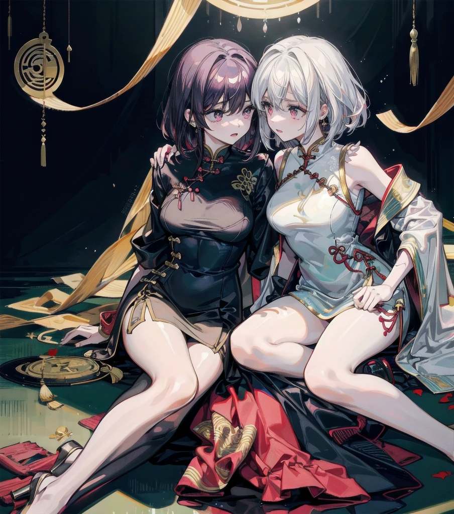 (((yuri))), (((2 girls))), ((cheongsam)), absurdres, RAW photo, extremely delicate and beautiful, masterpiece, Best Quality, ultra high resolution, 32k, hyperrealistic, ultra-detailed, detailed description, perfect anatomy, pale skin, 20 years old, detailed beautiful face and eyes, tearful mole, earring, short medium hair, wavy hair, random colored hair, full body shot, colossal tits,