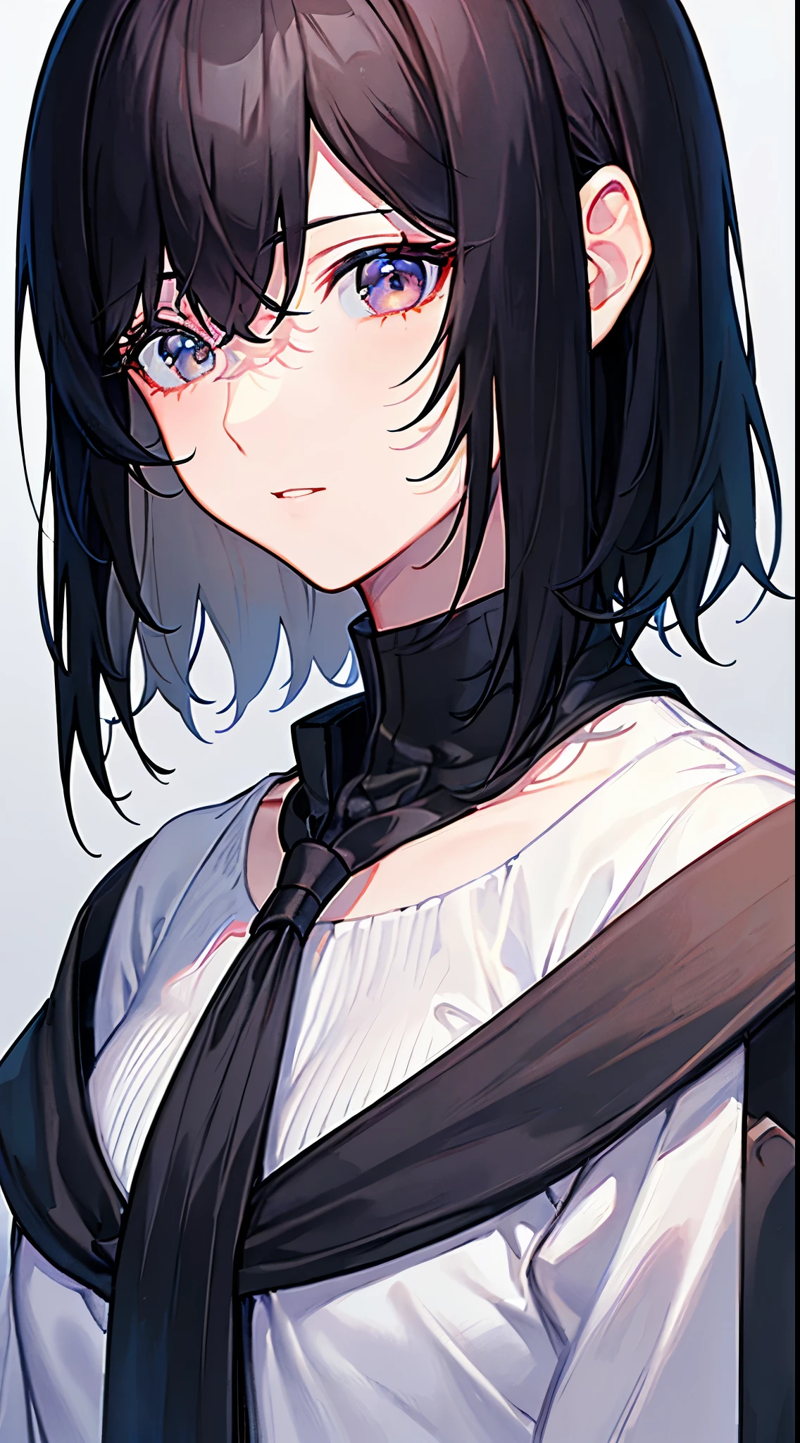1girll, Black hair, Short hair, With gray eyes, Detailed eyes,solofocus, Simple background, Women's focus, Solo, standing, sung jinwoo, Portrait,, (Masterpiece:1.0), (Best quality:1.0), (8K wallpaper:1.0), (Beautiful detailed face:1.0), (Detailed deep eyes), Deep eyes,view the viewer,