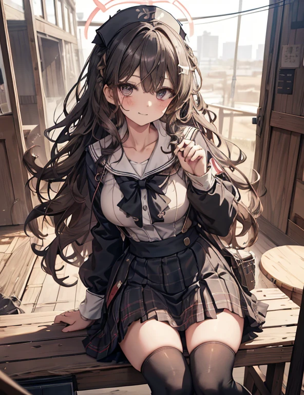 masterpiece, One girl, Sparrow, Black Hair Girl, Wearing a sailor suit, Curly Hairのショートヘア, Messy Hair, The body is slim, He closed her left eye., Shirt decoration, Ruby Eyes, Ahoge, , Large Breasts, Beautiful breasts, Round Breasts, Long sleeve, Beautiful Eyes, White Stockings, Droopy eyes, skirt, black skirt, plaid skirt, Her age is 19 years old, field, bow tie, Sailor collar, flared skirt, Tight shirt, skirt, nagisa_Blue Archive, Nice face, Medium Hair, Angry smile, Curly Hair, Nurse cap, sit 