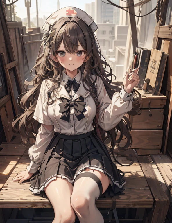 masterpiece, One girl, Sparrow, Black Hair Girl, Wearing a sailor suit, Curly Hairのショートヘア, Messy Hair, The body is slim, He closed her left eye., Shirt decoration, Ruby Eyes, Ahoge, Baby Face, Large Breasts, Beautiful breasts, Round Breasts, Long sleeve, Beautiful Eyes, White Stockings, Droopy eyes, skirt, black skirt, plaid skirt, Her age is 19 years old, field, bow tie, Sailor collar, flared skirt, Tight shirt, skirt, nagisa_Blue Archive, Nice face, Medium Hair, Angry smile, Curly Hair, Nurse cap, sit