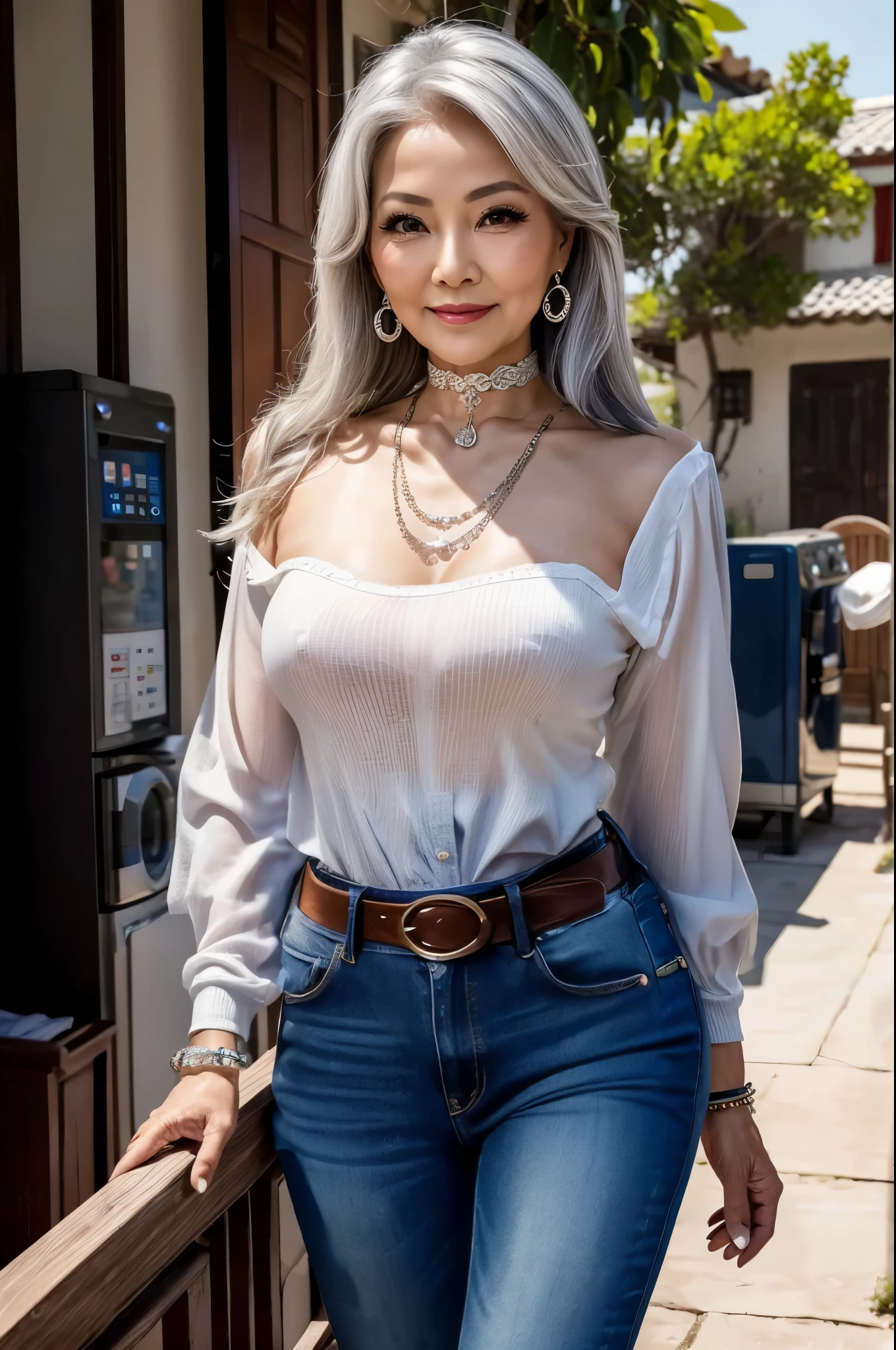 75 years old　Mom　MILF　Chinese Lady　large earring　Big choker　navel piercing decoration　A bracelet　Silver Hair　realisitic　Gorgeous Madame Beautiful Mature Woman　sexy　Smile　Gentle woman navel piercing　４K　High quality laundry room　Laundry　Children&#39;s wear　Raising children　Gorgeous Madame Beautiful Mature Woman