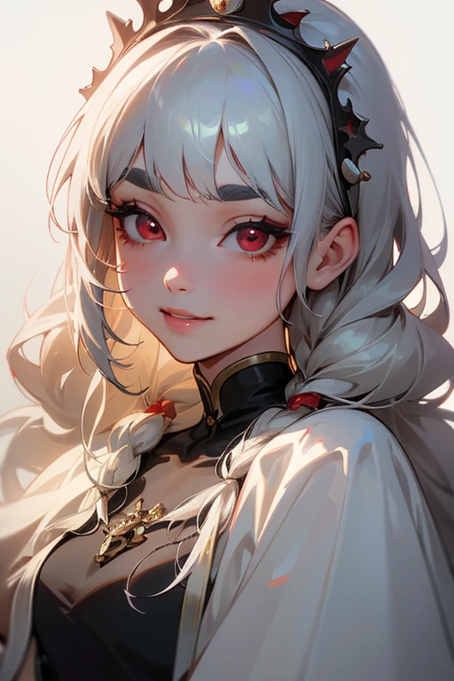 (highest quality, masterpiece:1.2), High resolution, 最高masterpiece、Very detailed, Realistic:1.37, Fantasy, An illustration,Gray Hair、 Red eyes、Queen, White Dress、beautifully、Eyeshadow Red、Thick eyebrows、Long eyelashes、pupils are black、shiny on the lips、Top Sites、Queen、Princess、A kind smile、Show your teeth a little and smile、Soft impression、people々々Loved by、Slimming the face、Shoulder Bare、Sexy braids、Kissing Face、Long white hair、Shaggy Bangs