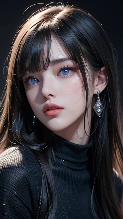 masterpiece, highest quality, Super detailed, Facing the camera, Super detailed, Realistic, Sharp features, Very detailed, Sharp focus, Perfect Face, Perfect Face, Perfect symmetrical perfect eyes, Perfect Plump Lips, Flexible female form, Cinematic, Film Light, Super detailed, hyper Realistic, masterpiece, Atmospheric, High resolution, Vibrant, Dynamic Studio Lighting, ((Dark Background)), The expression when enduring pleasure, Straight bangs, blue eyes,Black sweater, Cowboy Shot,turtleneck、first round、Sexually aroused expression
