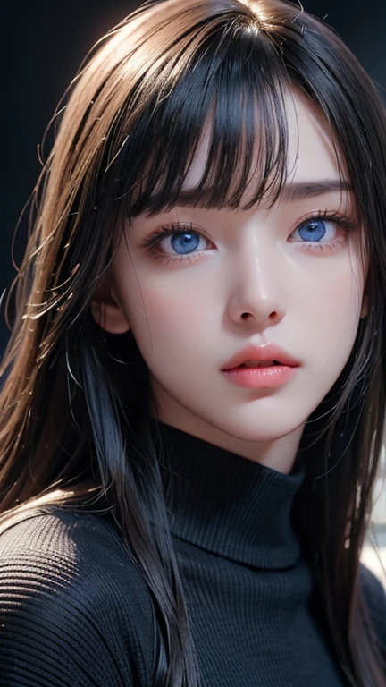 masterpiece, highest quality, Super detailed, Facing the camera, Super detailed, Realistic, Sharp features, Very detailed, Sharp focus, Perfect Face, Perfect Face, Perfect symmetrical perfect eyes, Perfect Plump Lips, Flexible female form, Cinematic, Film Light, Super detailed, hyper Realistic, masterpiece, Atmospheric, High resolution, Vibrant, Dynamic Studio Lighting, ((Dark Background)), The expression when enduring pleasure, Straight bangs, blue eyes,Black sweater, Cowboy Shot,turtleneck、first round、Sexually aroused expression