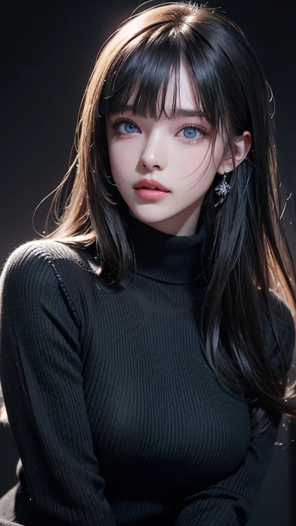 masterpiece, highest quality, Super detailed, Facing the camera, Super detailed, Realistic, Sharp features, Very detailed, Sharp focus, Perfect Face, Perfect Face, Perfect symmetrical perfect eyes, Perfect Plump Lips, Flexible female form, Cinematic, Film Light, Super detailed, hyper Realistic, masterpiece, Atmospheric, High resolution, Vibrant, Dynamic Studio Lighting, ((Dark Background)), The expression when enduring pleasure, Straight bangs, blue eyes,Black sweater, Cowboy Shot,turtleneck、first round、Sexually aroused expression